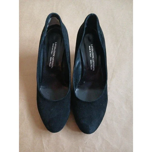 Lavorazione Artigiana Round Toe Heels Womens EU 38 US 7.5 Black Suede Preppy - Picture 3 of 9